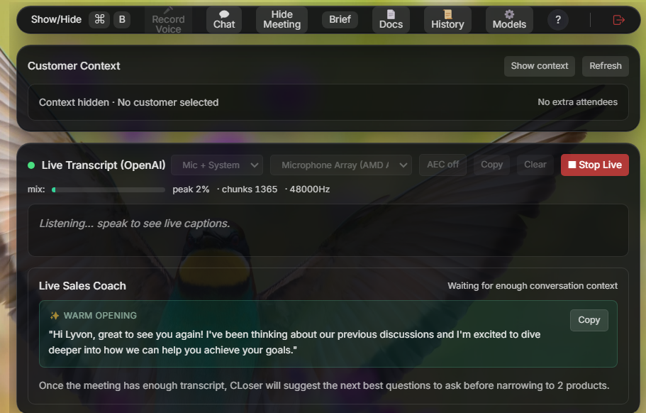 Closer copilot live coaching interface