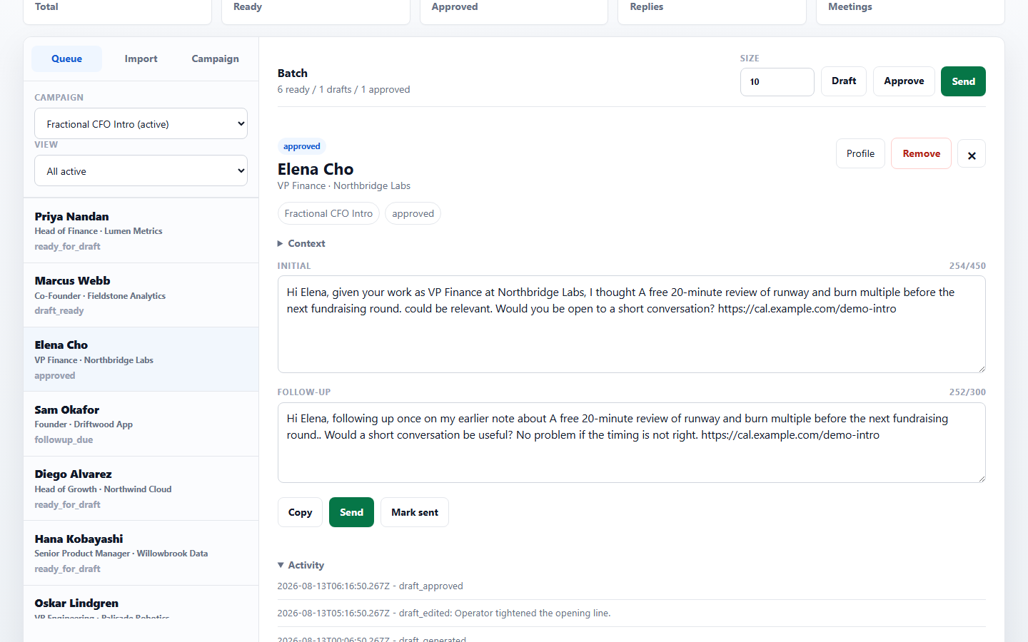 Activity history for one outreach record