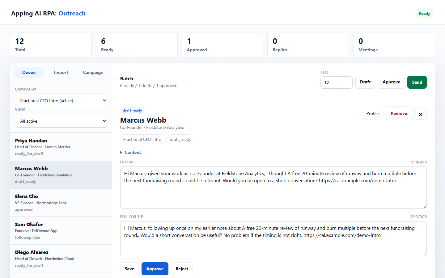 Contact card with generated initial and follow-up drafts