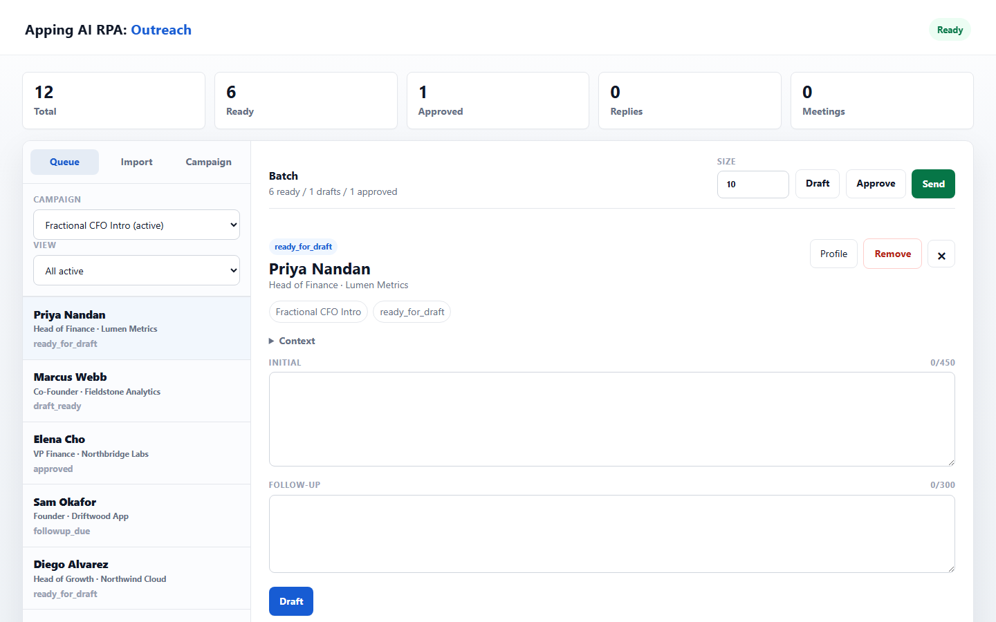 Outreach Sentinel operator queue with demo contacts